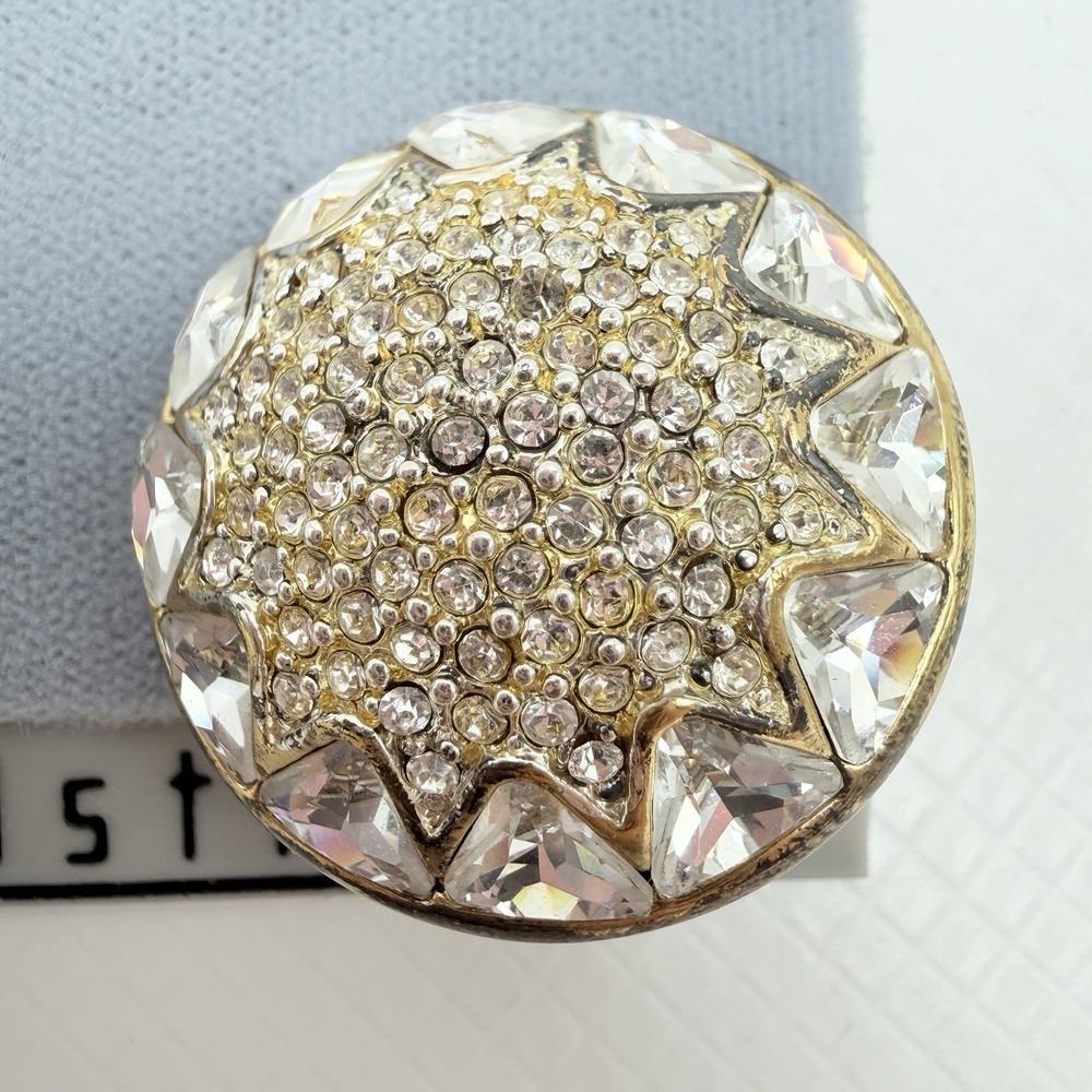 Vintage St. John Gold Tone & Clear Rhinestone Dome Button Clip Earrings READ - Picture 4 of 16